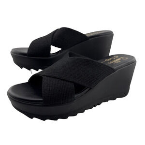 CALLISTO OF CALIFORNIA Black Stretch Cross Cross Fabric Wedge Sandals Size 8 NWB